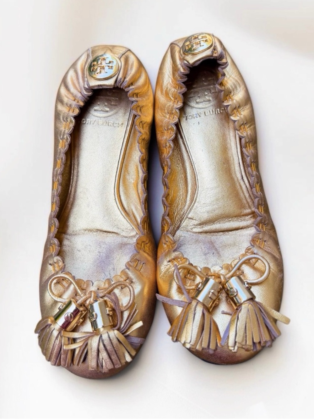 Tory Burch Reese Gold Tassel Leather Ballet Flats 5.5